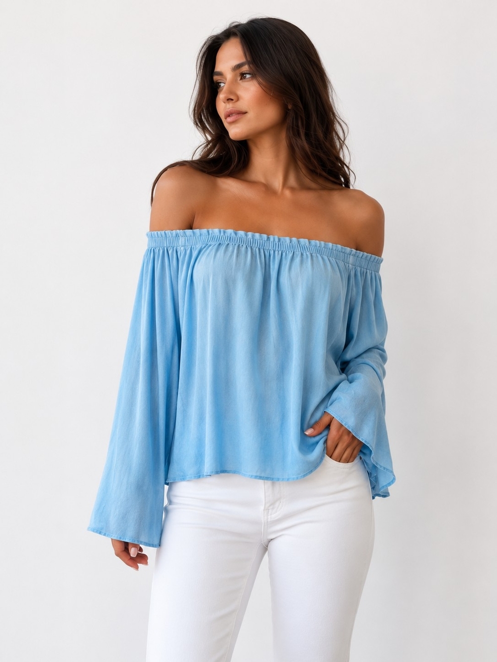 Style Envy Sky Blue Off-Shoulder Blouse